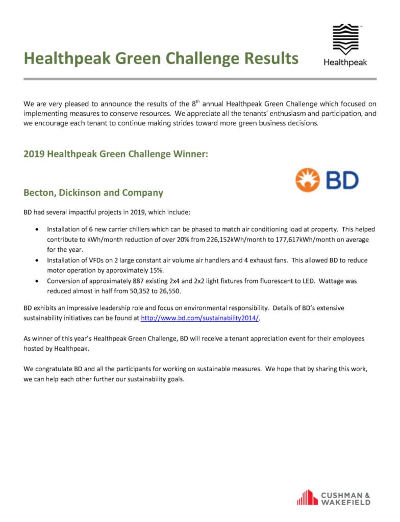 Healthpeak Green Challenge results announcing BD winner